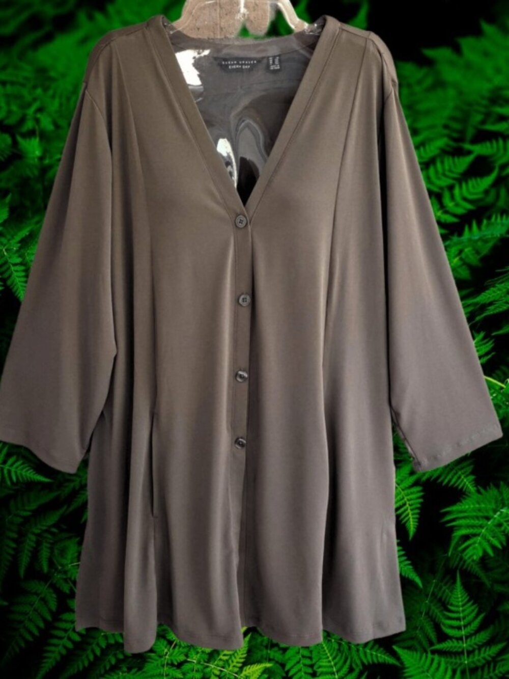 Susan Graver Womens Top Blouse Button Up Front 3/4 Sleeves V-neck Olive Size 2X